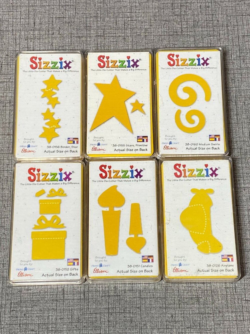 Sizzix Little Die Cutters Lot of 6 Stars Gifts Paint Brush Airplane Medium Swirl